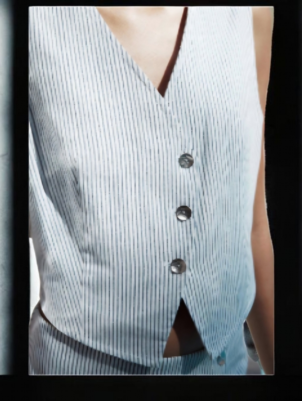 Zara Metallic Striped Denim Waistcoat Vest With Silver Offset Diagonal Buttons